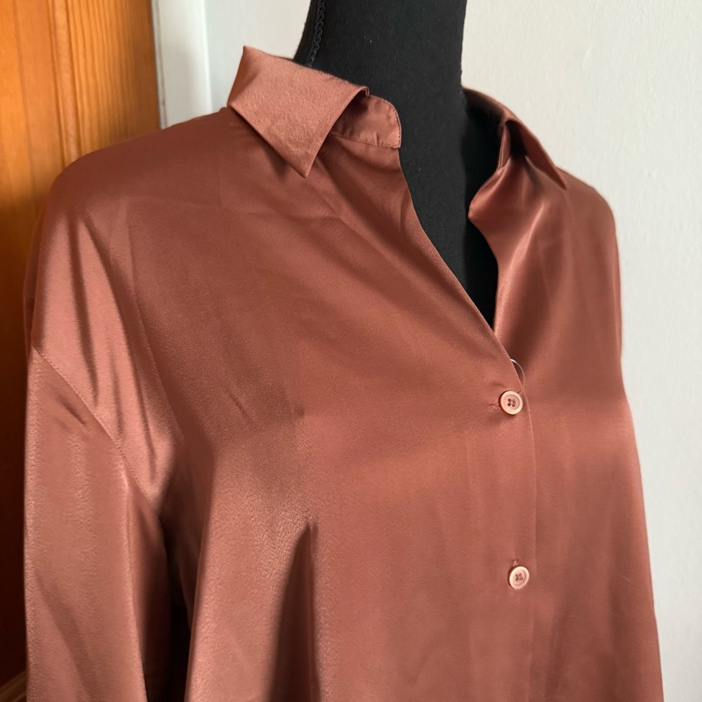 Uniqlo Rust Bronze Silky Button Down Top - Picture 5 of 13